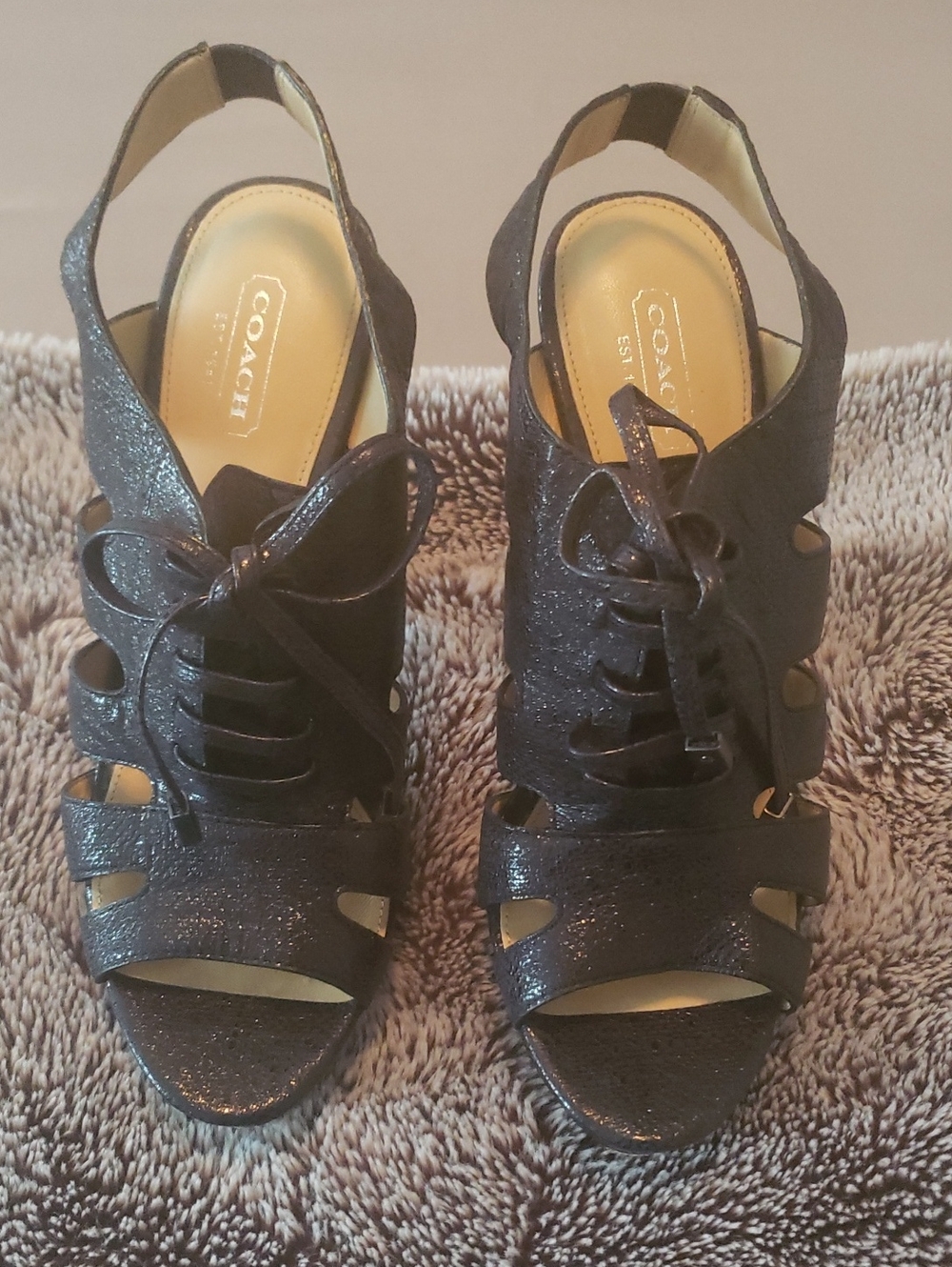 Coach Black Glitter Lace-Up Open Toe Slingback Heels